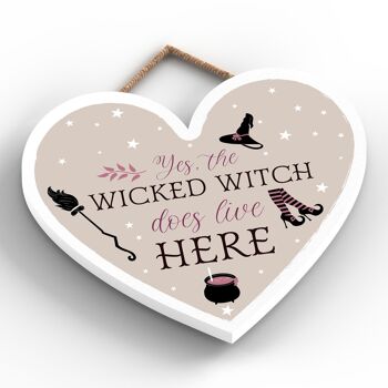 P2825 - Plaque à suspendre en bois sur le thème de la sorcellerie en forme de cœur de méchante sorcière 2