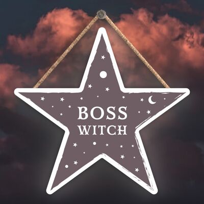 P2864 - Boss Witch Star Shaped Witchcraft Themed Halloween Wooden Hanging Plaque