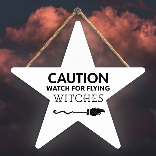 P2867 - Flying Witches Star Shaped Witchcraft Themed Halloween Wooden Hanging Plaque
