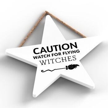 P2867 - Plaque à suspendre en bois sur le thème de la sorcellerie en forme d'étoile des sorcières volantes 2