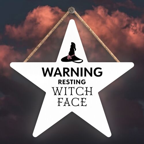 P2889 - Resting Witch Face Star Shaped Witchcraft Themed Halloween Wooden Hanging Plaque