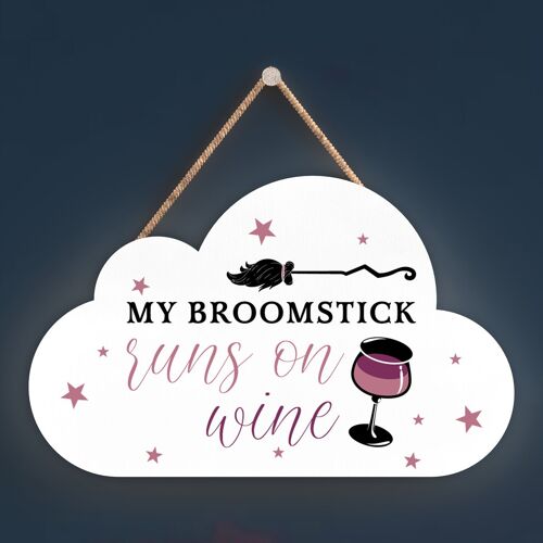 P2910 - Broomstick Runs On Wine Cloud Shaped Witchcraft Themed Halloween Wooden Hanging Plaque