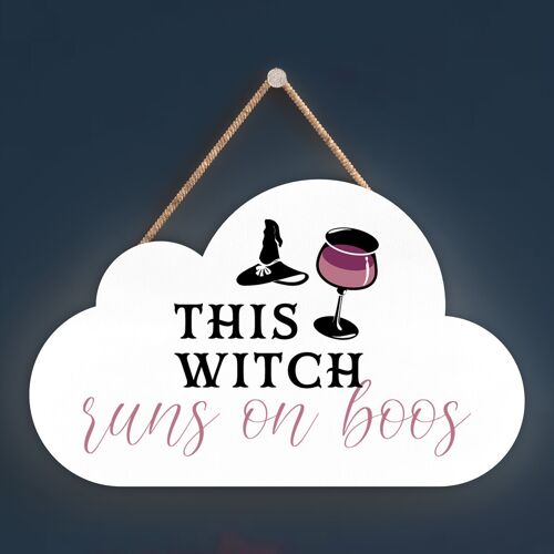 P2912 - Runs On Boos Cloud Shaped Witchcraft Themed Halloween Wooden Hanging Plaque