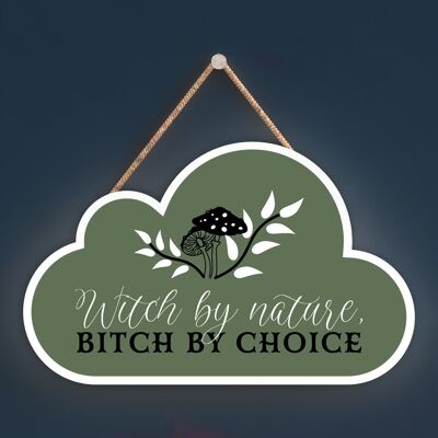 P2913 - Witch By Nature Cloud Shaped Witchcraft Themed Halloween Wooden Hanging Plaque