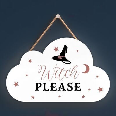 P2914 - Placa Colgante de Madera con Tema de Brujería en Forma de Nube de Witch Please para Halloween
