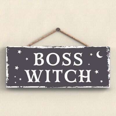 P2916 - Boss Witch Rectangle Witchcraft Thème Halloween Plaque à suspendre en bois