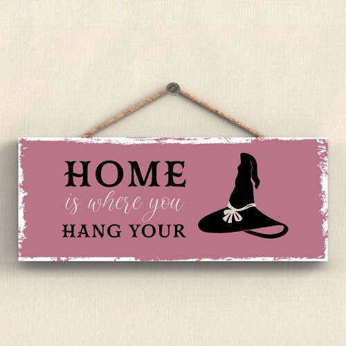 P2922 - Home Hang Hat Rectangle Witchcraft Themed Halloween Wooden Hanging Plaque