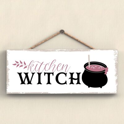 P2927 - Plaque à suspendre en bois sur le thème de la sorcellerie avec un rectangle de sorcière de cuisine