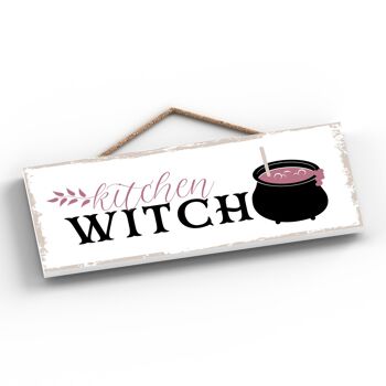 P2927 - Plaque à suspendre en bois sur le thème de la sorcellerie avec un rectangle de sorcière de cuisine 2