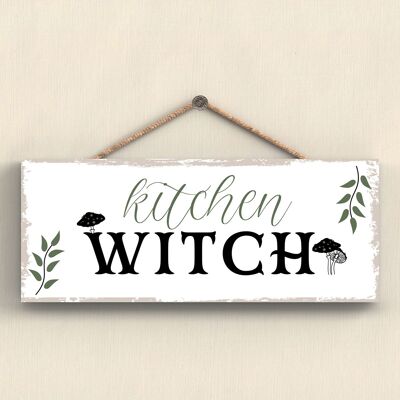 P2928 - Plaque à suspendre en bois rectangulaire sur le thème de la sorcellerie aux champignons de sorcière de cuisine
