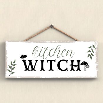 P2928 - Plaque à suspendre en bois rectangulaire sur le thème de la sorcellerie aux champignons de sorcière de cuisine 1