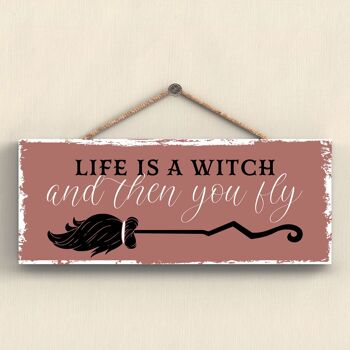 P2929 - La vie est une sorcière rectangle sorcellerie sur le thème Halloween plaque suspendue en bois 1