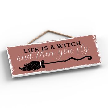 P2929 - La vie est une sorcière rectangle sorcellerie sur le thème Halloween plaque suspendue en bois 2