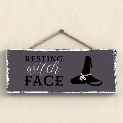 P2930 - Resting Witch Face Rectangle Witchcraft Themed Halloween Wooden Hanging Plaque