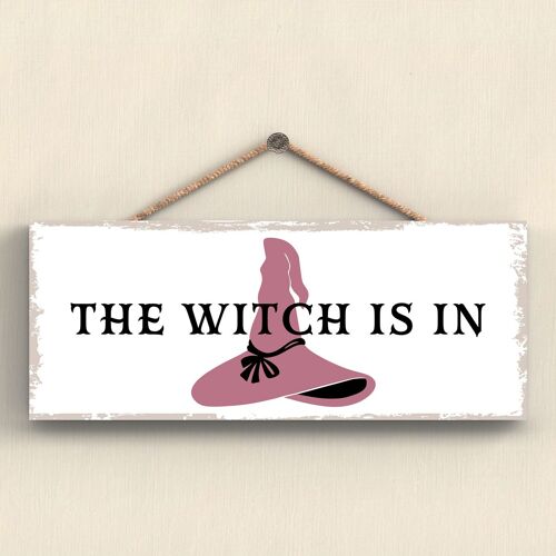 P2932 - Witch Is In Rectangle Witchcraft Themed Halloween Wooden Hanging Plaque
