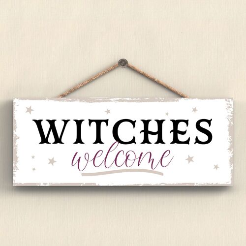 P2935 - Witches Welcome Rectangle Witchcraft Themed Halloween Wooden Hanging Plaque