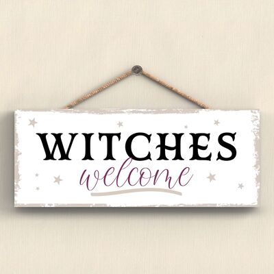 P2935 – Witches Welcome Rectangle Witchcraft Themed Halloween Holzschild zum Aufhängen