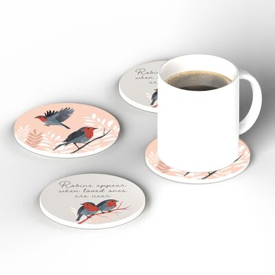 P2951 – Rotkehlchen-Illustration, dekoratives Set aus 4 runden Keramik-Untersetzern