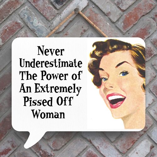 P2988 - Never Underestimate Humourous Pin Up Themed Speech Bubble Shaped Wooden Hanging Plaque