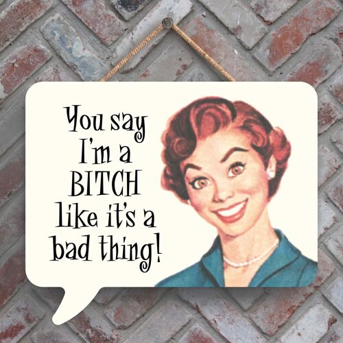 P3003 - You Say I'M A Bitch Humourous Pin Up Themed Speech Bubble Shaped Wooden Hanging Plaque
