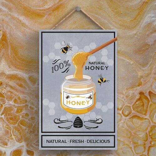 P3013 - Jar Of Honey Grey Bee Themed Decorative Wooden Rectangle Hanging Plaque