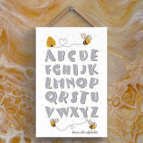 P3014 - Kids Learn The Alphabet Bee Themed Decorative Wooden Rectangle Hanging Plaque
