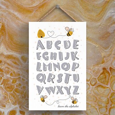 P3014 – Kinder lernen das Alphabet, dekoratives rechteckiges Holzschild zum Aufhängen mit Bienenmotiv