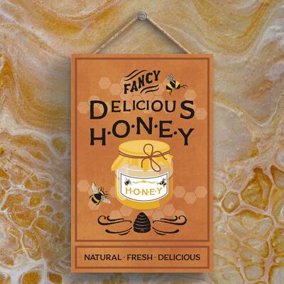 P3015 – Glas mit Honig, braune Biene, dekoratives rechteckiges Holzschild zum Aufhängen