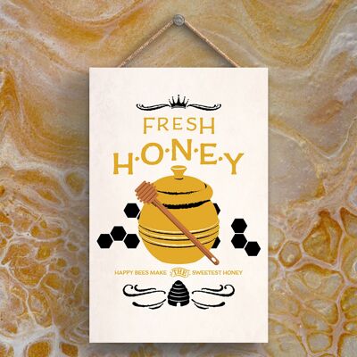 P3016 - Placa colgante rectangular de madera decorativa con tema de abeja y tarro de miel