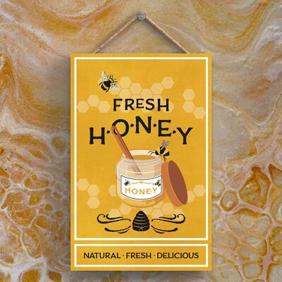 P3017 – Glas mit Honig, gelbe Biene, dekoratives rechteckiges Holzschild zum Aufhängen