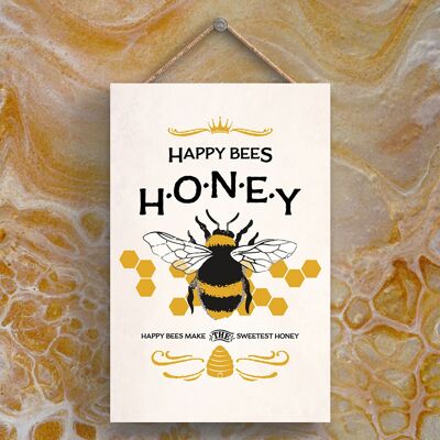 P3018 - Targa da appendere rettangolare in legno decorativa a tema Happy Bees Honey Bee