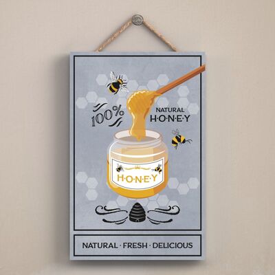 P3019 - Placa colgante rectangular de madera decorativa con tema de abeja gris tarro de miel