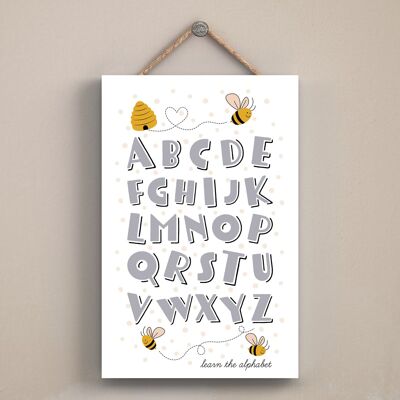 P3020 – Kinder lernen das Alphabet, dekoratives rechteckiges Holzschild zum Aufhängen mit Bienenmotiv
