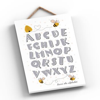 P3020 - Les enfants apprennent l'alphabet abeille sur le thème de la plaque décorative rectangulaire en bois à suspendre 2