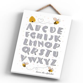P3020 - Les enfants apprennent l'alphabet abeille sur le thème de la plaque décorative rectangulaire en bois à suspendre 4