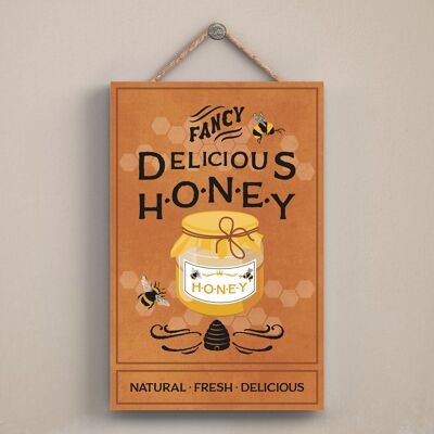 P3021 – Glas mit Honig, braune Biene, dekoratives rechteckiges Holzschild zum Aufhängen
