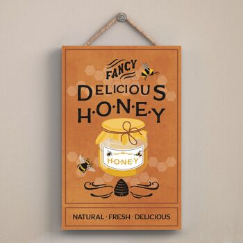 P3021 - Plaque à suspendre rectangulaire en bois décorative sur le thème de l'abeille marron miel 1