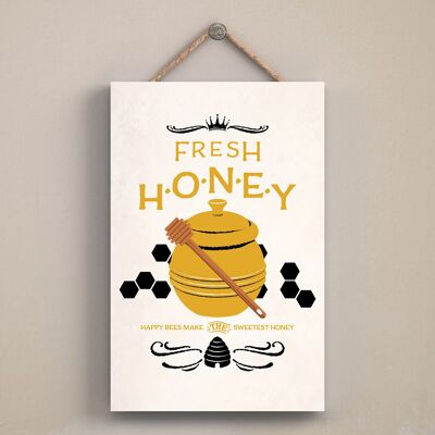 P3022 - Placa Colgante Rectangular de Madera Decorativa Temática Honey Pot Bee