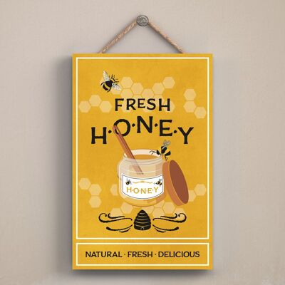 P3023 – Glas mit Honig, gelbe Biene, dekoratives rechteckiges Holzschild zum Aufhängen