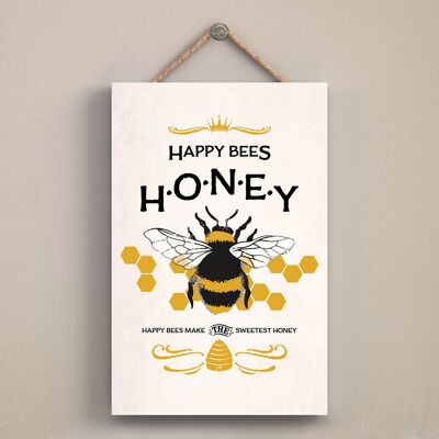 P3024 – Happy Bees Honigbienen-Thema, dekoratives rechteckiges Holzschild zum Aufhängen