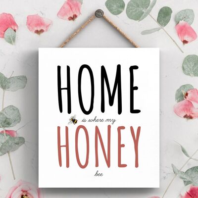P3027 - El hogar es donde mi abeja melífera Placa decorativa colgante rectangular de madera