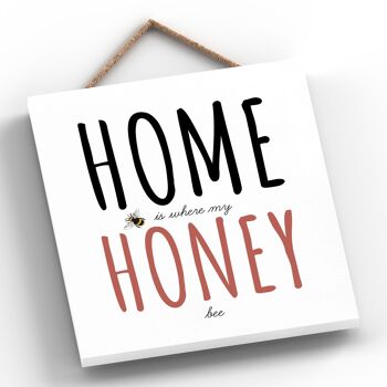 P3027 - Home Is Where My Honey Bee - Plaque à suspendre rectangulaire en bois décorative sur le thème de l'abeille 2