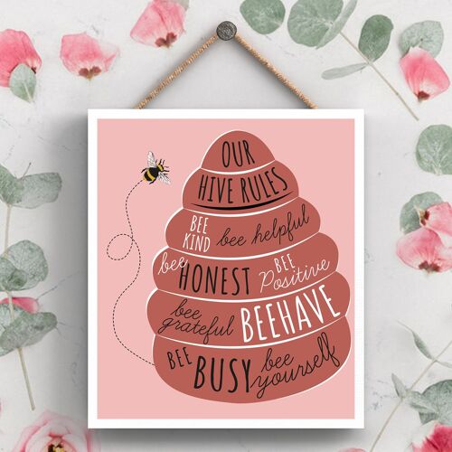 P3029 - Hive Rules Bee Themed Decorative Wooden Rectangle Hanging Plaque
