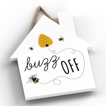 P3033 - Plaque décorative à suspendre en forme de maison en bois sur le thème de l'abeille Buzz Off 2