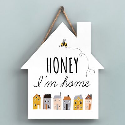 P3036 - Targa decorativa da appendere a forma di casa in legno a tema Honey I'm Home Bee