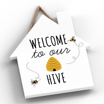 P3038 - Bienvenue dans notre plaque décorative en bois en forme de maison en bois sur le thème de la ruche 2