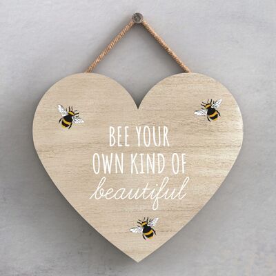 P3040 - Placa colgante en forma de corazón decorativa de madera con tema de abeja hermosa propia