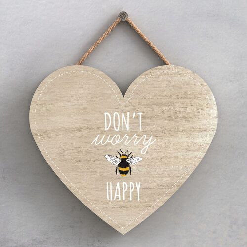 P3042 - Don'T Worry Be Happy Bee Themed Decorative Wooden Heart Shaped Hanging Plaque