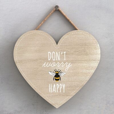 P3042 - Placa colgante en forma de corazón decorativa de madera con tema de abeja Don't Worry Be Happy