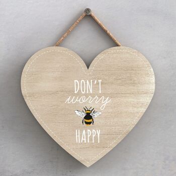 P3042 - Don't Worry Be Happy Bee Plaque décorative à suspendre en forme de cœur en bois 1